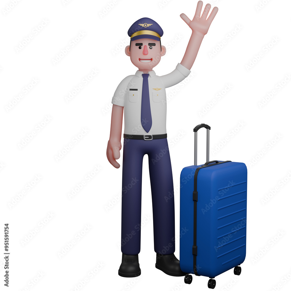 3D Pilot Character. A pilot is standing with his left hand waving while on his left is a blue suitcase. Aviation Professional Cartoon 3D Pilot Character. A pilot is standing with his left hand waving while on his left is a blue suitcase. Aviation Professional Cartoon