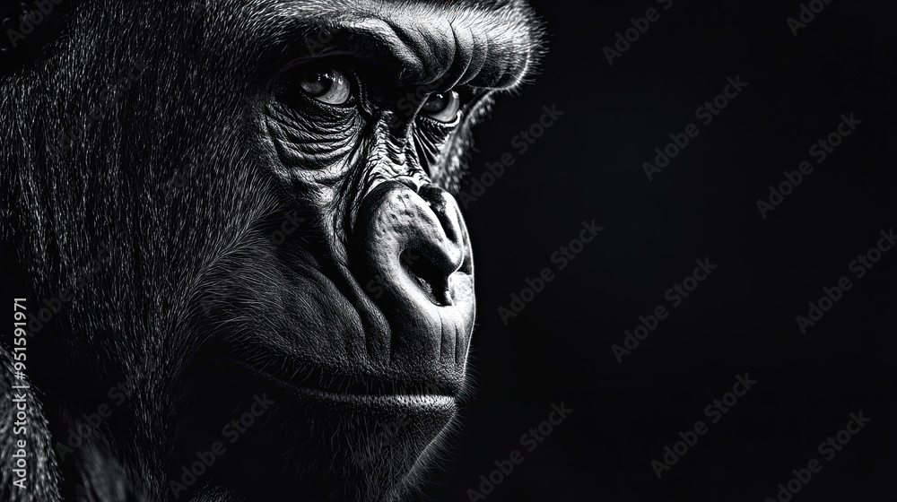 Black and white photo of a wild gorilla solid black background intense expression realistic texture deep shadows Black and white photo of a wild gorilla solid black background intense expression realistic texture deep shadows