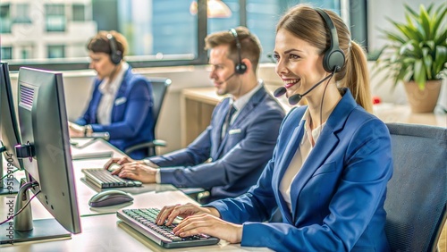woman attending headset call center.