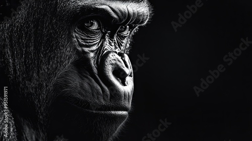 Black and white photo of a wild gorilla solid black background intense expression realistic texture deep shadows