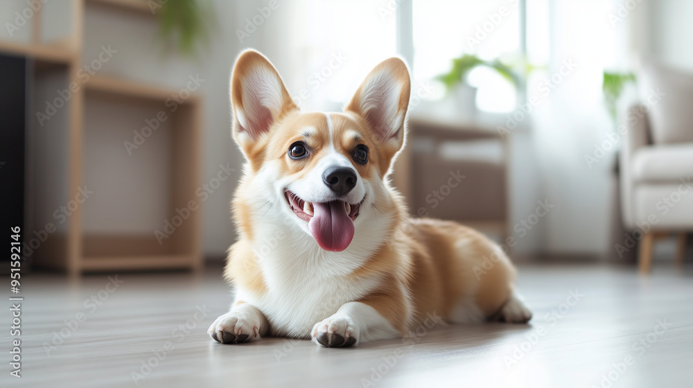 a happy Welsh Corgi puppy lying on the floor of a modern, minimalist living room with clean and sleek decor a happy Welsh Corgi puppy lying on the floor of a modern, minimalist living room with clean and sleek decor