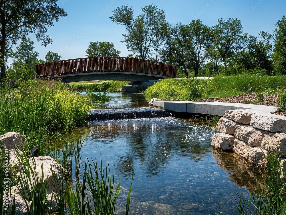 Serene Park with Wooden Bridge Over Tranquil Stream and Lush Greenery on a Sunny Day Serene Park with Wooden Bridge Over Tranquil Stream and Lush Greenery on a Sunny Day