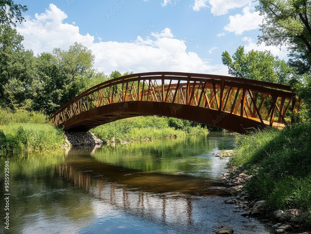 Scenic Rusty Metal Bridge Over Serene River with Lush Greenery and Blue Sky in Summer Scenic Rusty Metal Bridge Over Serene River with Lush Greenery and Blue Sky in Summer