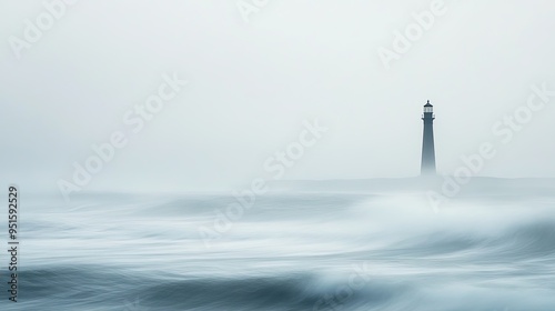 Coastal scene with a lone lighthouse standing tall against a crisp horizon gentle waves and misty waters create a tranquil setting minimal yet powerful composition