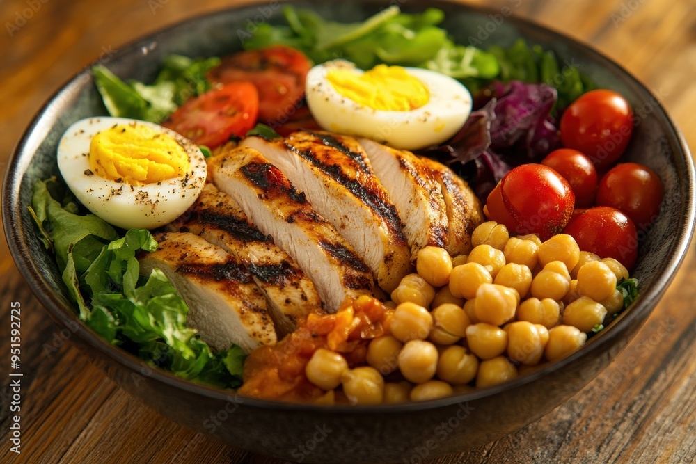 A beautifully arranged, nutritious meal in a bowl featuring grilled chicken, leafy greens, chickpeas A beautifully arranged, nutritious meal in a bowl featuring grilled chicken, leafy greens, chickpeas