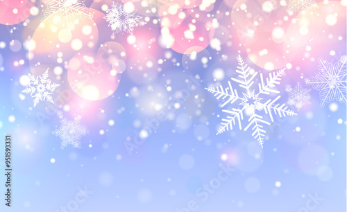 Christmas background with snowflakes, bokeh and lights, winter magic background.