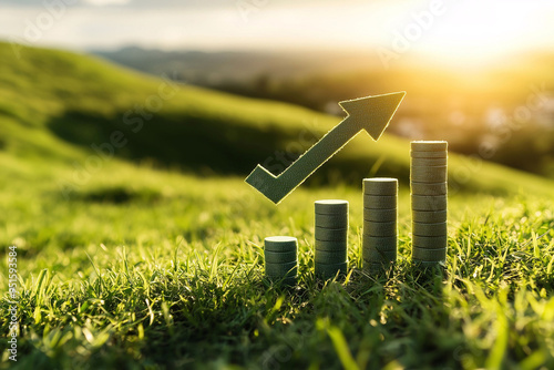 Green Grass Graph with Upward Arrow Symbolizing Financial Growth on a Lush Field Under a Clear Sky, Representing Business Success, Sustainability, and Positive Market Trends