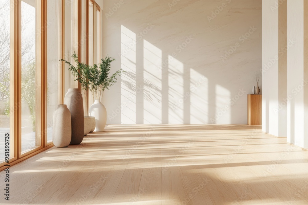A bright and airy hallway with a minimalist design with light wood floors and walls A bright and airy hallway with a minimalist design with light wood floors and walls