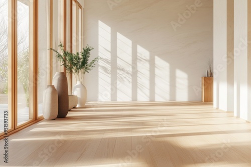 A bright and airy hallway with a minimalist design with light wood floors and walls