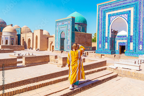 Young woman in a traditional robe at the Shah-i-Zinda complex.