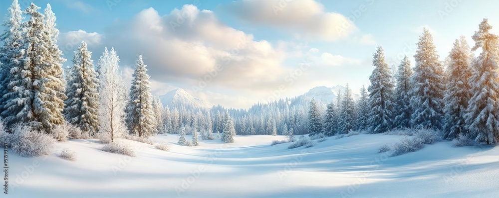 Obraz premium Cloudy winter forest horizon with snow-covered trees and a muted, cold atmosphere