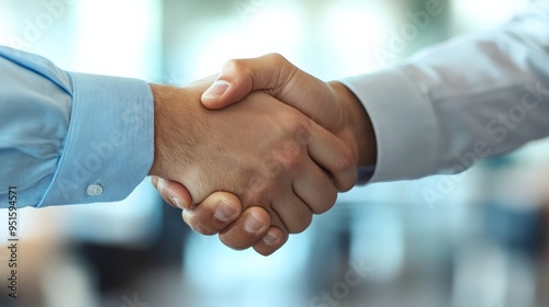 The Seal of a Deal: Two professionals solidify their agreement with a firm handshake, conveying trust and partnership in a corporate setting.