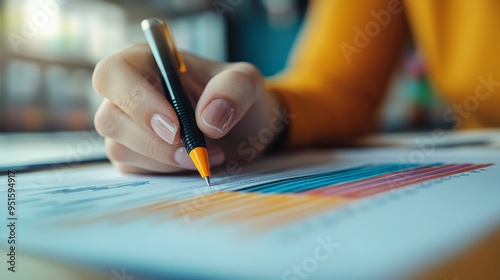 Close-up of Hand Analyzing Data: A focused hand meticulously analyzes a colorful graph with a pencil, emphasizing the importance of detail in data analysis and business strategy. 