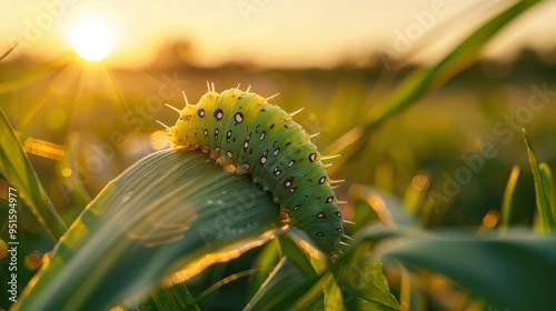 Detailed view of a caterpillar on a leaf amidst a field of greenery.