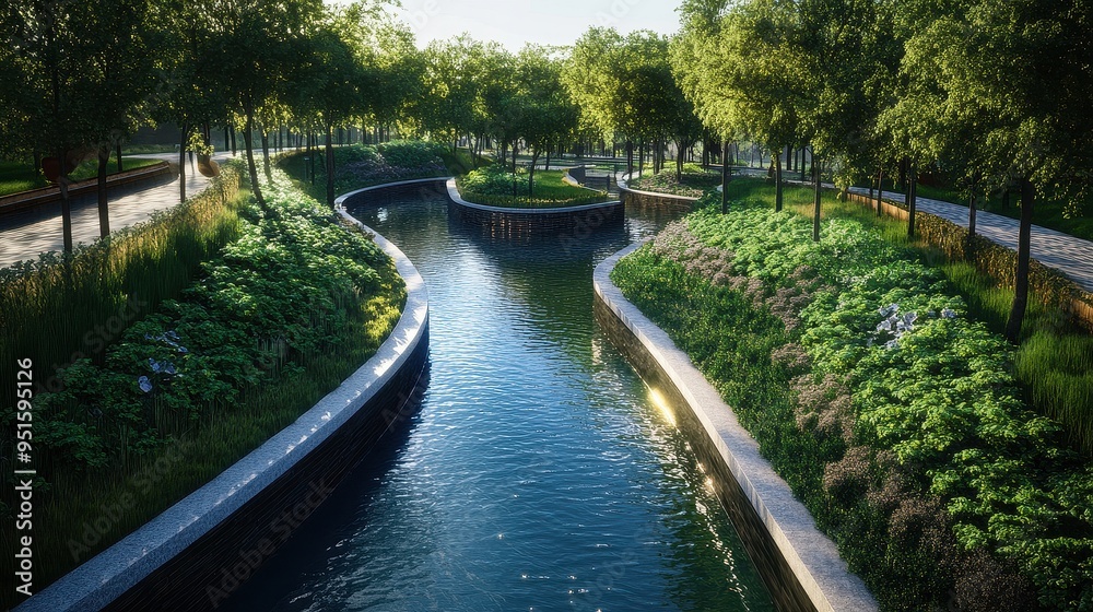 Serene Urban Park with Curved Waterway Surrounded by Lush Greenery and Trees on a Sunny Day Serene Urban Park with Curved Waterway Surrounded by Lush Greenery and Trees on a Sunny Day