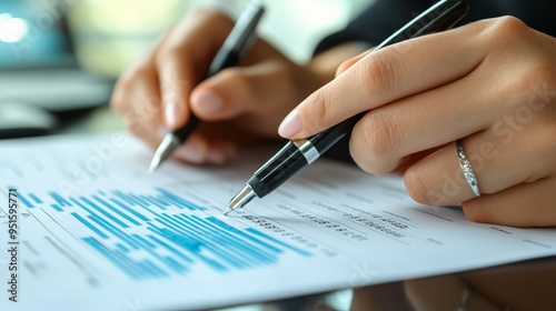 Focused on Success: Close-up of a businesswoman's hands meticulously reviewing a document, showcasing a graph and two pens for a professional and detail-oriented image. 