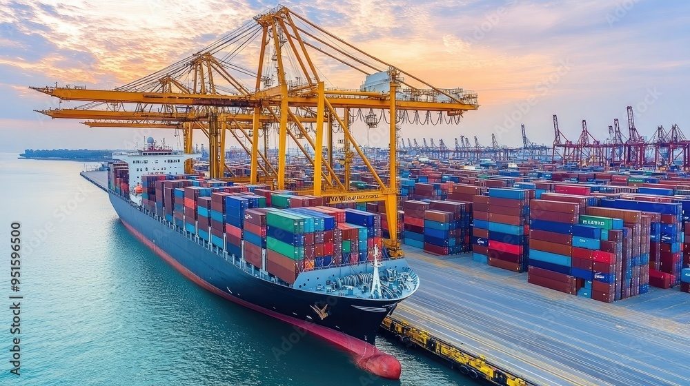 Fototapeta premium Container ship carrying container boxes import export dock with quay crane