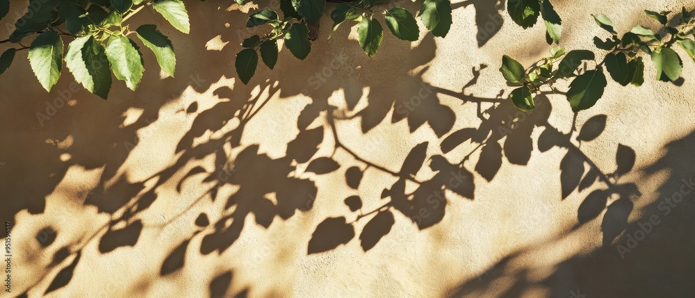 Sunlit Green Leaves Casting Shadows on a Beige Wall in a Tranquil Outdoor Setting Sunlit Green Leaves Casting Shadows on a Beige Wall in a Tranquil Outdoor Setting