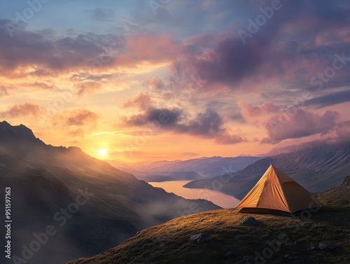 Stunning Sunrise Over Mountain Landscape with Tent and Lake in Background