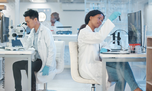 Science, team or tech in lab for experiment, vaccine development or bacteria analysis. Experts, study or test tube for research with blood sample, microbiology or antibiotic engineering or pathology