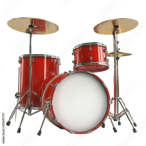 Vibrant red drum set with cymbals, perfect for music lovers and editorial use, capturing the spirit of live performances.