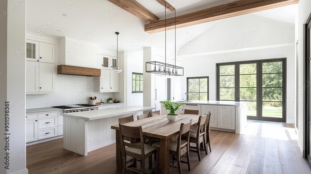 Fototapeta premium Comfortable family kitchen with a large wooden dining table, rustic decor, and an inviting atmosphere for gatherings