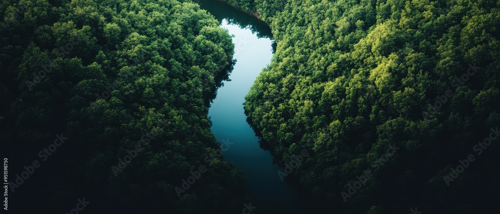 Aerial View of Serene River Winding Through Lush Green Forest in Summer Aerial View of Serene River Winding Through Lush Green Forest in Summer