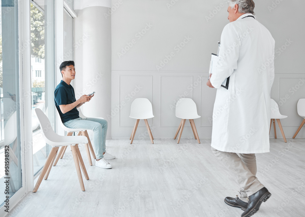 Man, doctor and phone in waiting room for introduction, welcome and appointment for consultation at clinic. People, smartphone and talking for medical check, healthcare and services and hospital Man, doctor and phone in waiting room for introduction, welcome and appointment for consultation at clinic. People, smartphone and talking for medical check, healthcare and services and hospital