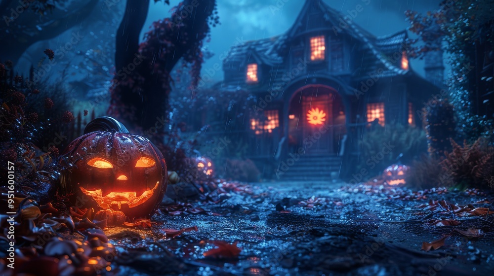 Obraz premium Jack-o'-Lanterns and Fog: Multiple Jack-o'-Lanterns glowing brightly amidst a thick, rolling fog, creating a classic Halloween visual.