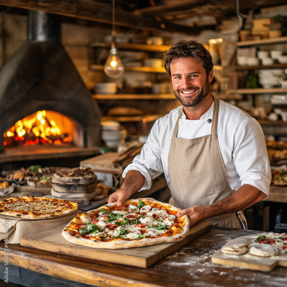 Pizzaiolo smiling and showing a delicious pizza in a pizzeria kitchen Pizzaiolo smiling and showing a delicious pizza in a pizzeria kitchen