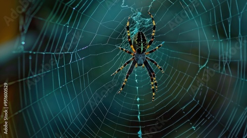 A spider web is shown in a green forest