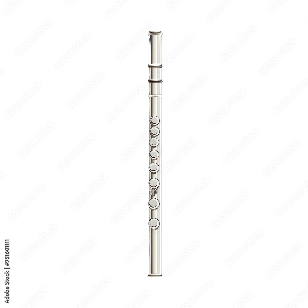 A sleek silver flute showcasing its elegant design, perfect for music-themed projects and instrument illustrations.