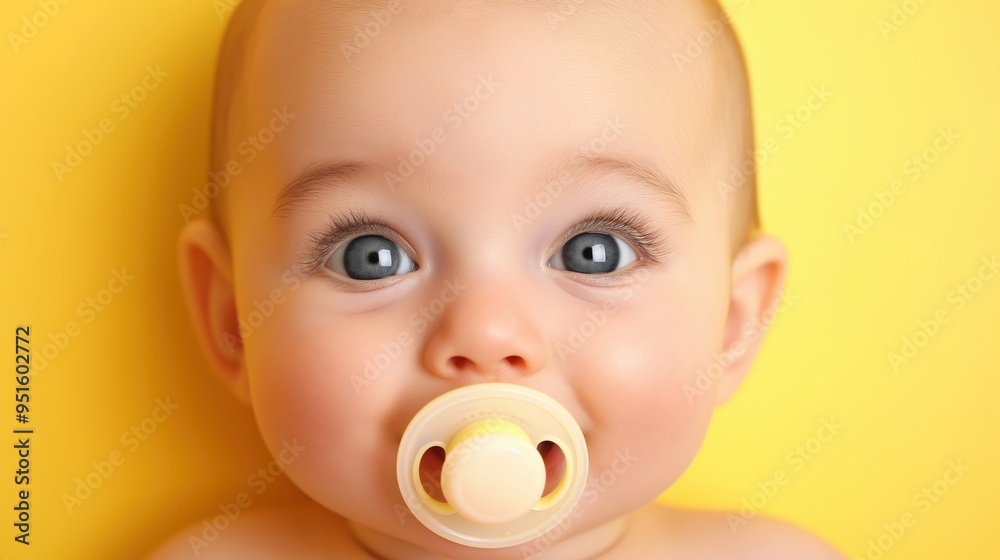 Cute baby with pacifier in mouth looking at the camera, cozy atmosphere. Background with copy space. Cute baby with pacifier in mouth looking at the camera, cozy atmosphere. Background with copy space.