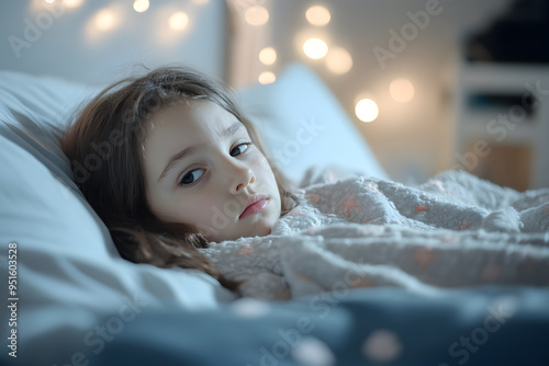 A sick and sad child lying in bed with tired eyes photo