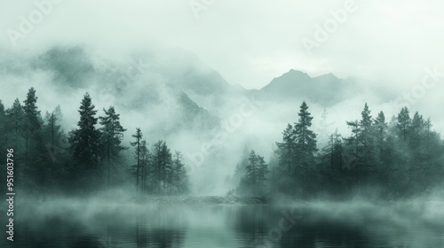 Misty forest landscape with dense evergreen trees, evoking a sense of tranquility and natural beauty.