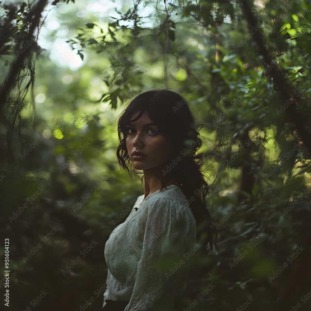 Tranquil Forest Portrait of a Western Woman Amid Lush Greenery Tranquil Forest Portrait of a Western Woman Amid Lush Greenery