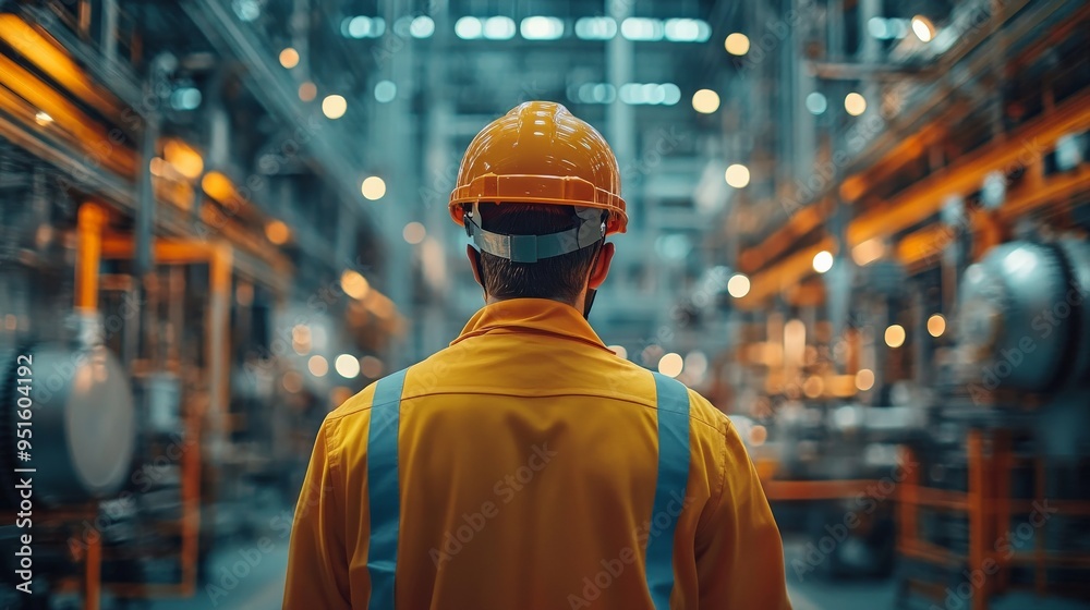 The Watchful Supervisor: An industrial worker in a hardhat and safety vest surveys the bustling factory floor, his back to the camera, in this evocative image of industry and oversight. The Watchful Supervisor: An industrial worker in a hardhat and safety vest surveys the bustling factory floor, his back to the camera, in this evocative image of industry and oversight.