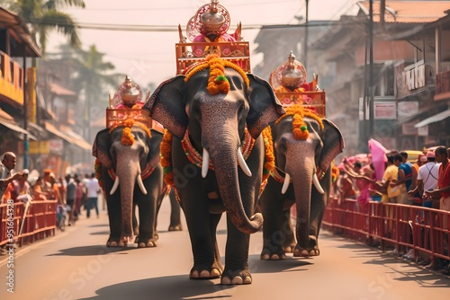 A ceremonial elephant parade along a street photo