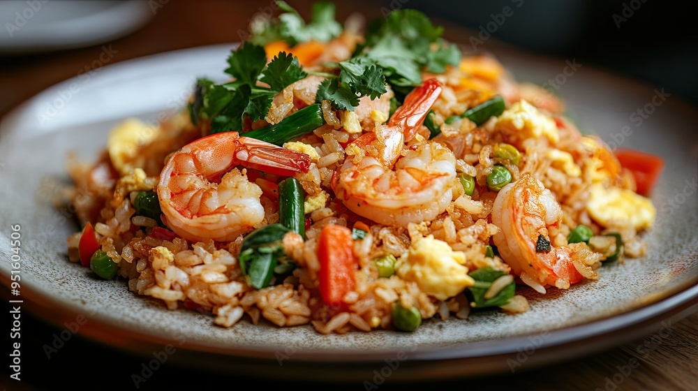 A plate of khao pad (Thai fried rice) with shrimp, vegetables, and eggs. A plate of khao pad (Thai fried rice) with shrimp, vegetables, and eggs.