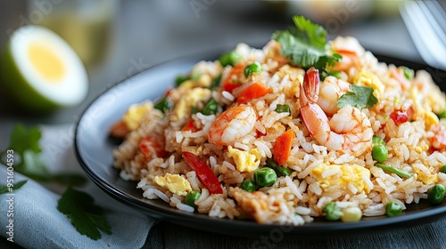 A plate of khao pad (Thai fried rice) with shrimp, vegetables, and eggs.