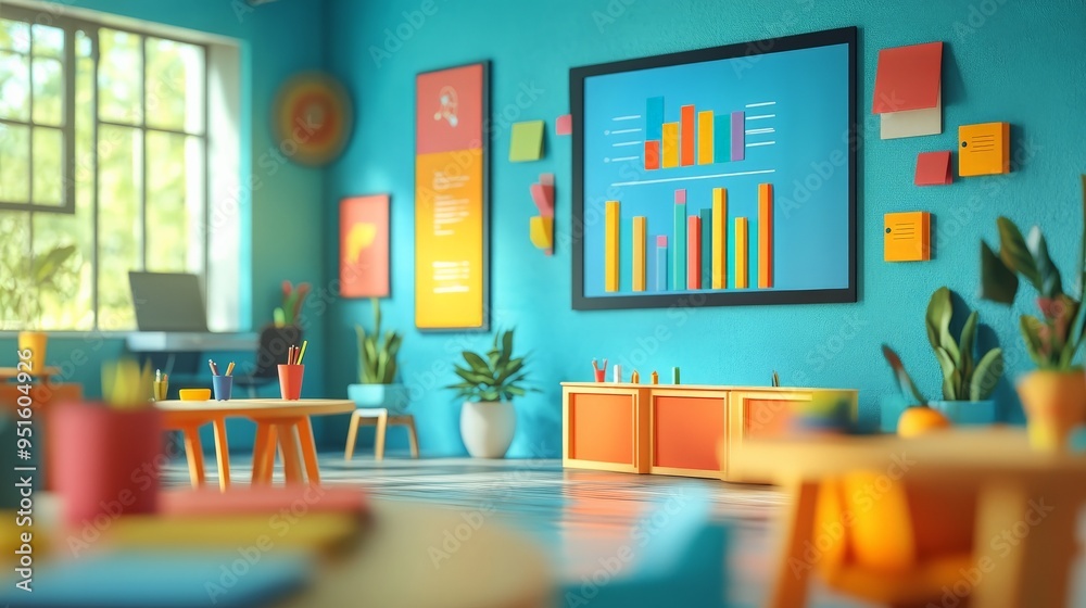 Vibrant Classroom, Ready for Learning: A 3D render of a cheerful and colorful classroom, bathed in natural light, awaits the day's lessons. Vibrant Classroom, Ready for Learning: A 3D render of a cheerful and colorful classroom, bathed in natural light, awaits the day's lessons.