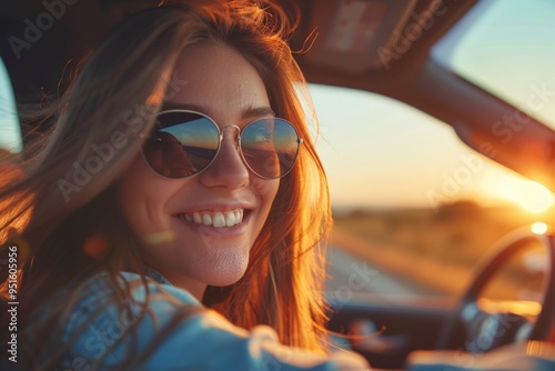 A joyful woman smiles brightly while driving a car. She wears stylish sunglasses. The sun sets beautifully in the background. This image captures freedom and adventure. Generative AI