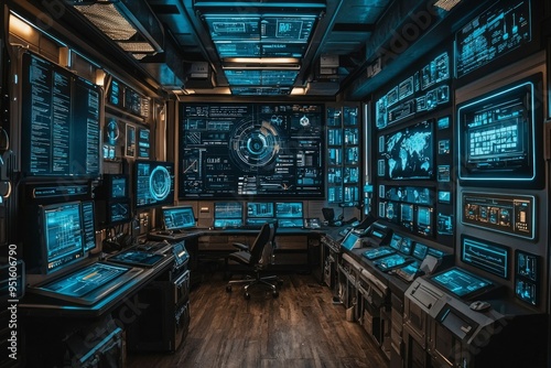 Futuristic Control Room with Numerous Monitors Displaying Data and Information