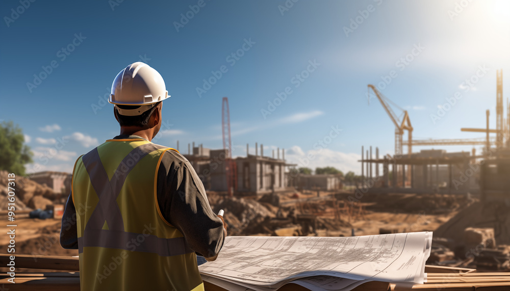 Fototapeta premium Professional Construction Worker in Safety Gear Overseeing Building Progress
