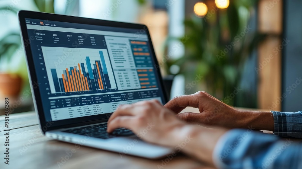 Data Driven Decisions: Close-up of a businessman's hands typing on a laptop, displaying a graph with a rising trend. A compelling image of progress, analysis, and strategic thinking. Data Driven Decisions: Close-up of a businessman's hands typing on a laptop, displaying a graph with a rising trend. A compelling image of progress, analysis, and strategic thinking.
