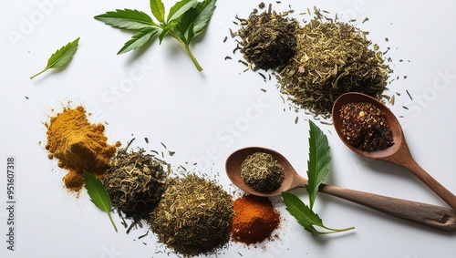 Green tea and Wooden Spoons, Artfully Arranged on a Clean White Background
