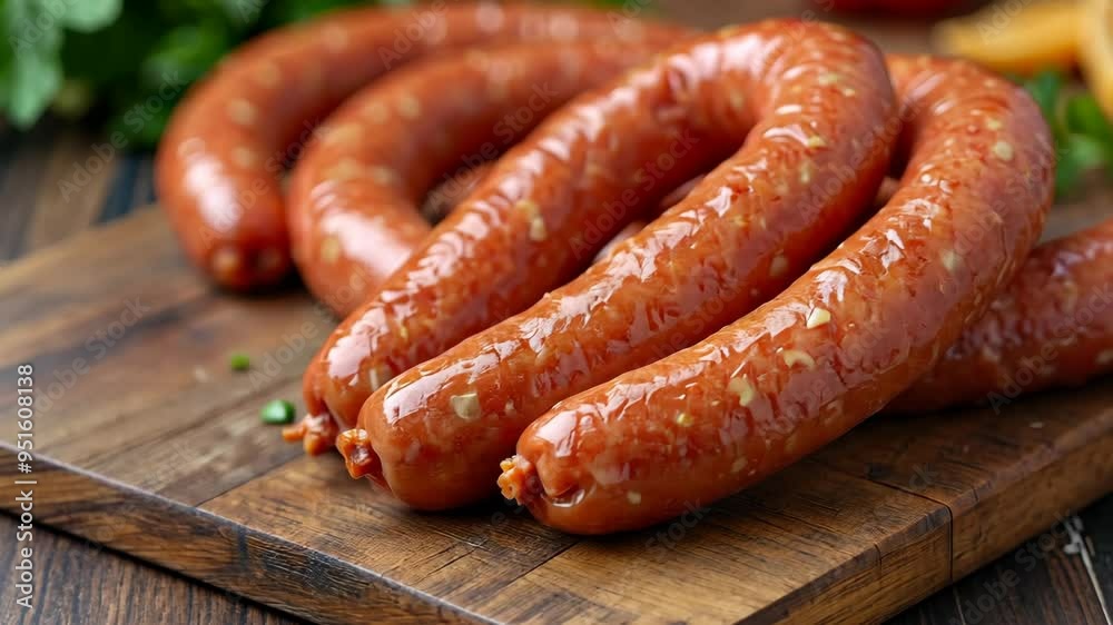 Close-up of cooked sausages on a wooden cutting board Close-up of cooked sausages on a wooden cutting board