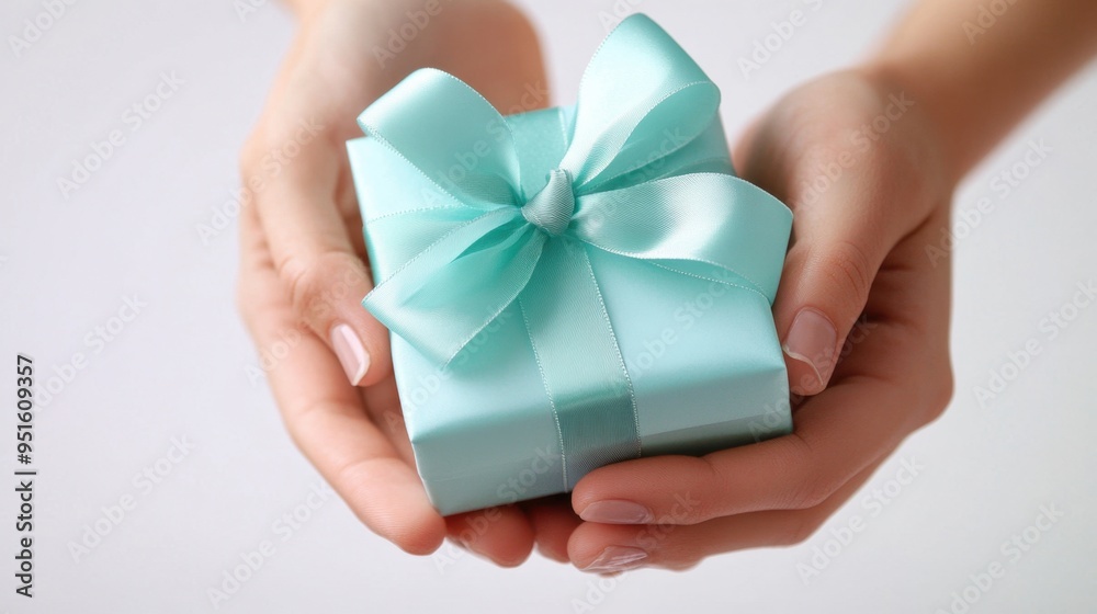 Delicate hand presenting a beautifully tied present crisp white background intricate ribbon design close-up shot