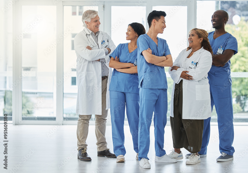 Group, teamwork and doctors with arms crossed in meeting for medical diagnosis, discussion or wellness. Confident surgeon, happy and people in conversation for collaboration or healthcare service Group, teamwork and doctors with arms crossed in meeting for medical diagnosis, discussion or wellness. Confident surgeon, happy and people in conversation for collaboration or healthcare service
