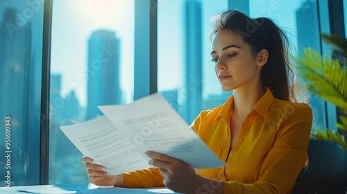 Businesswoman Reviewing Documents:  A focused businesswoman meticulously reviews important documents in her office, bathed in the warm glow of the morning sun. The cityscape backdrop and her thoughtfu photo